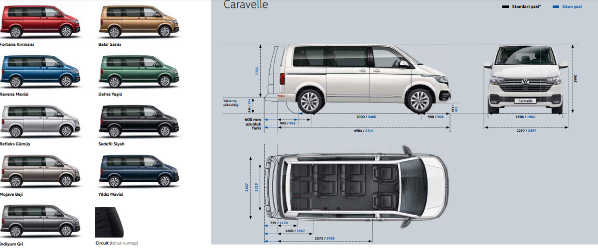 2022 Model Volkswagen Caravelle Renkler Boyutlari