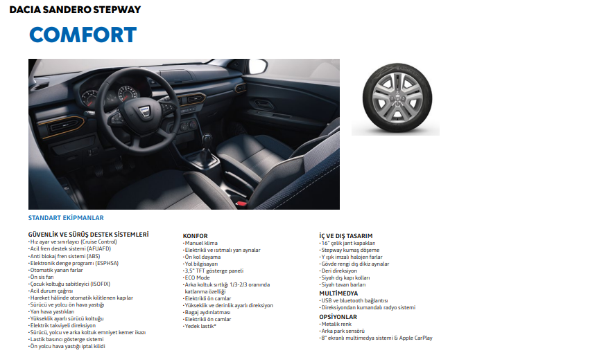 2022 Model Dacia Yeni Sandero Stepway Comfort Donanim